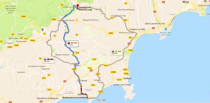 Plan de route pour rejoindre Cannes  à partir du camping Les Rives du Loup en city trip à la journée