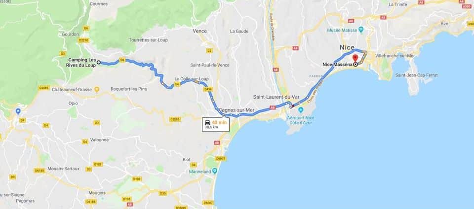 Plan de la route pour Nice Jazz Festival 2019 a partir du camping les rives du loup cote d azur 06 alpes maritimes