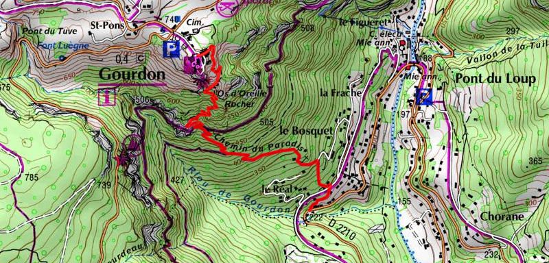 Plan ign du sentier du Paradis pour monter à gourdon à partir du camping Rives du Loup