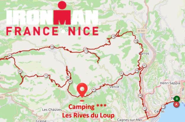 Plan du parcours IRON MAN NICE 2019 et situation du camping Les Rives du Loup